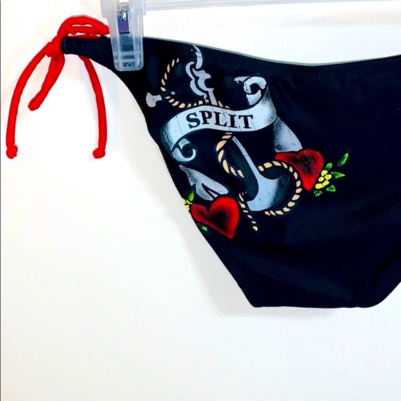 Split | Black + Red Anchor Hearts String Bikini Bottoms | Adjustable Water Wear - Picture 1 of 9